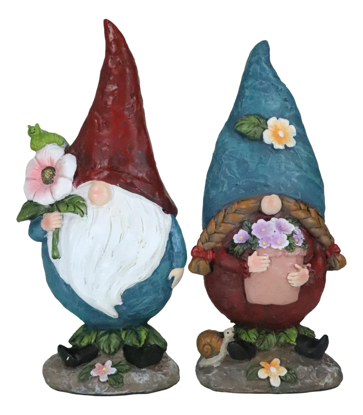 Pack Of 2 Whimsical Garden Mr And Mrs Gnome Couple Holding Flowers Figurines - Ebros Gift