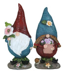 Pack Of 2 Whimsical Garden Mr And Mrs Gnome Couple Holding Flowers Figurines