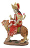 Hindu Goddess Durga Wearing Red Sari Riding On Tiger Figurine 8.5" Tall Statue