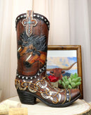 Rustic Western Running Horses Horseshoes And Cross Cowboy Boot Vase Sculpture