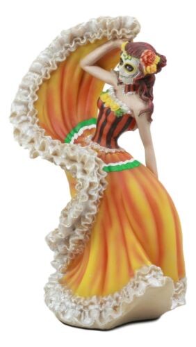 Day Of The Dead Traditional Orange Gown Sugar Skull Dancer Statue Vivas Calacas