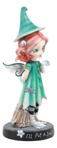 Magic Spell Dolly Fae Green Star Witch Fairy With Flying Broomstick Statue Decor