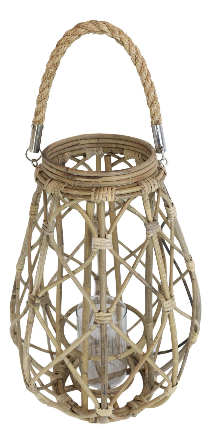 19"H Rustic Farmhouse Teardrop Woven Rattan Candle Lantern With Jute Rope Handle