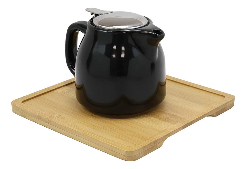 Ebros Midnight Black Contemporary Ceramic 20oz Tea Pot With 2 Cups And Bamboo Tray Set