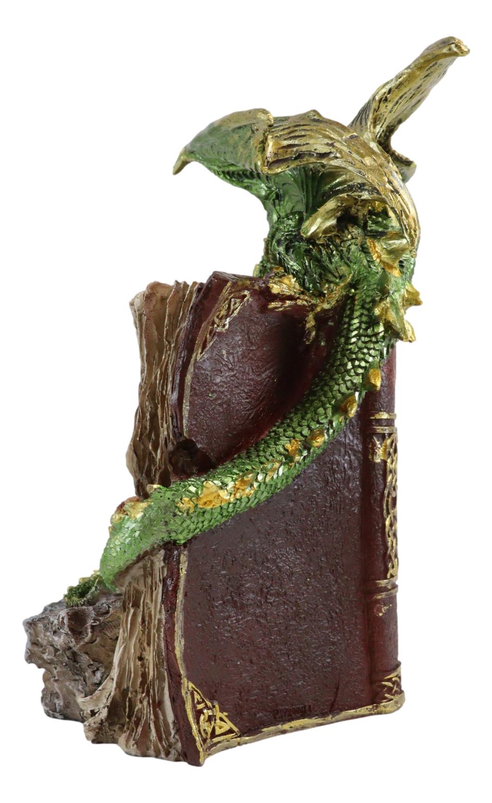 Ebros Green Dragon Wyrmling Perching On LED Crystals Book Of Spells Figurine