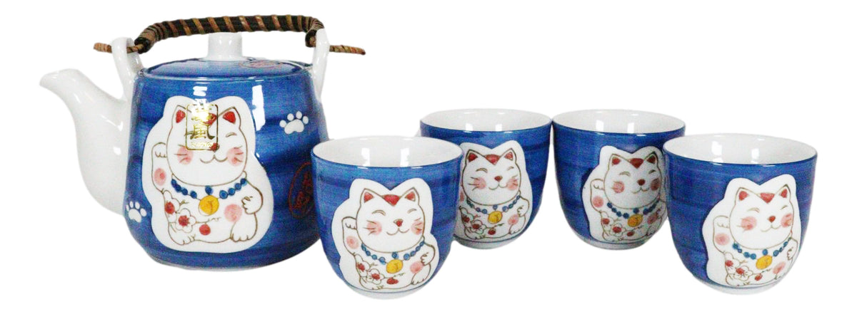 Ebros Japanese Maneki Neko Lucky Charm Cat Blue Tea Pot and Cups Set Serves 4 - Ebros Gift