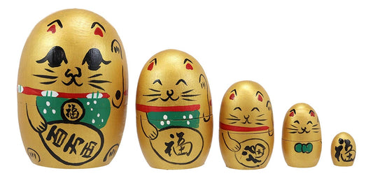 Ebros Golden Maneki Neko Wooden Toy Stacking Nesting Dolls 5 Piece Matryoshka - Ebros Gift