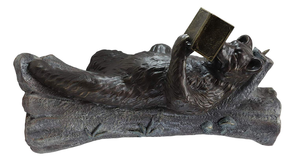 Ebros 24" Long Aluminum Whimsical Butterfly and Lazy Grizzly Bear Resting On Forest Tree Trunk Couch Reading A Book Garden Statue Rustic Wildlife Western Cabin Bears Decor Figurine - Ebros Gift
