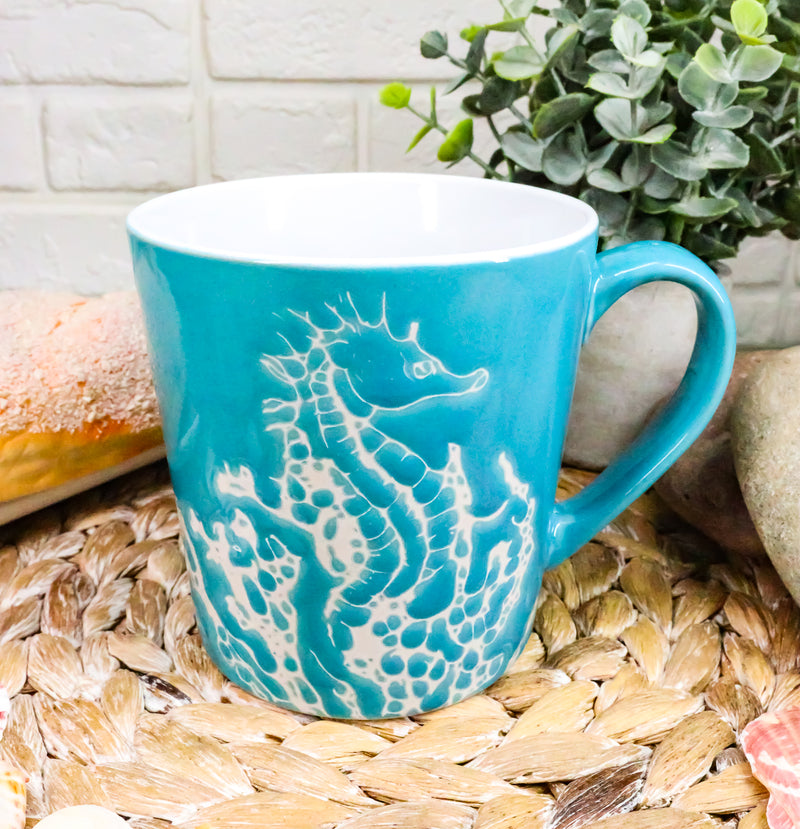 Ebros Nautical Marine Seahorse Drinking Beverage Blue Stoneware Ceramic Mug 16oz