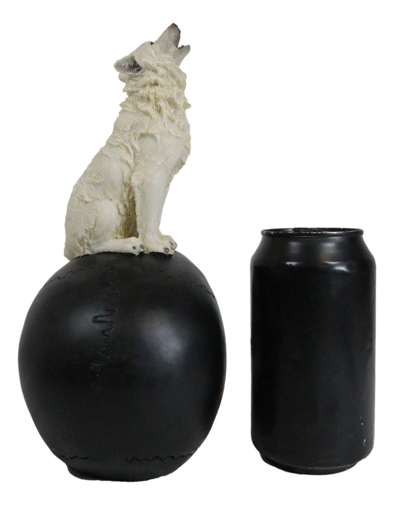 Gothic Full Moon Howling White Wolf Sitting On Black Macabre Skull Figurine