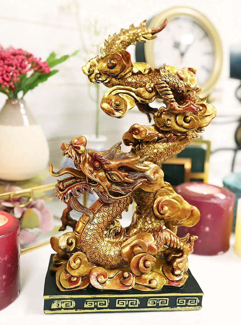 Ebros Feng Shui Nine Dragons Golden Dragon King Statue With Black Base 10.25"H