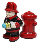 Ebros Fireman Fighter W/ Hose By Red Fire Hydrant Ceramic Salt & Pepper Shakers