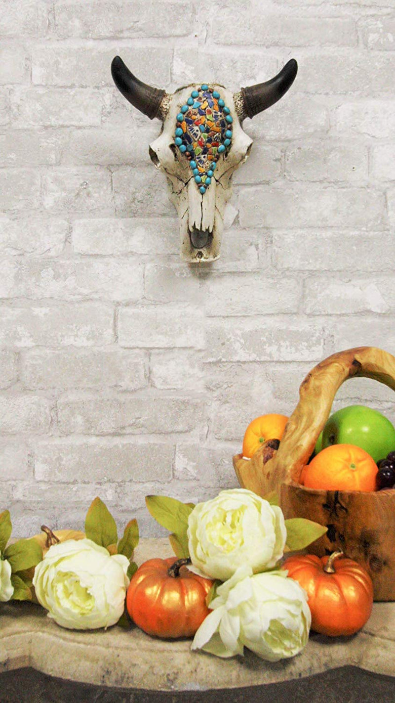 Ebros 9"L Western Southwest Steer Bull Cow Horned Skull Mural Mosaic Design Wall Decor