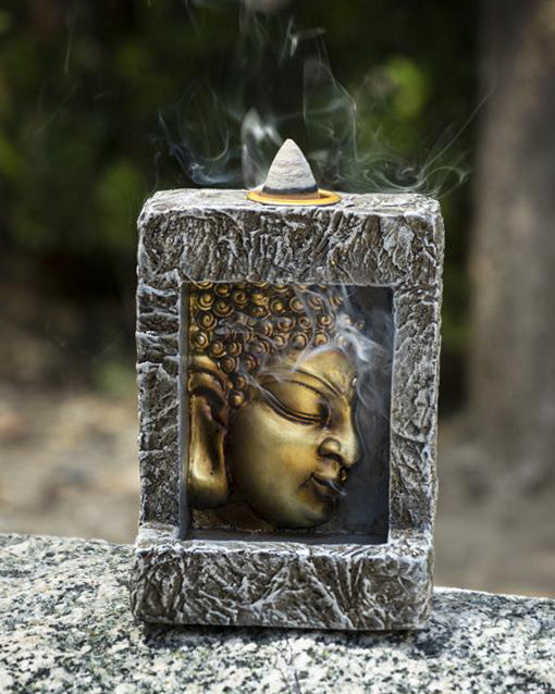 Gautama Buddha Face Faux Stone Mini Relief Bracket Backflow Incense Cone Burner