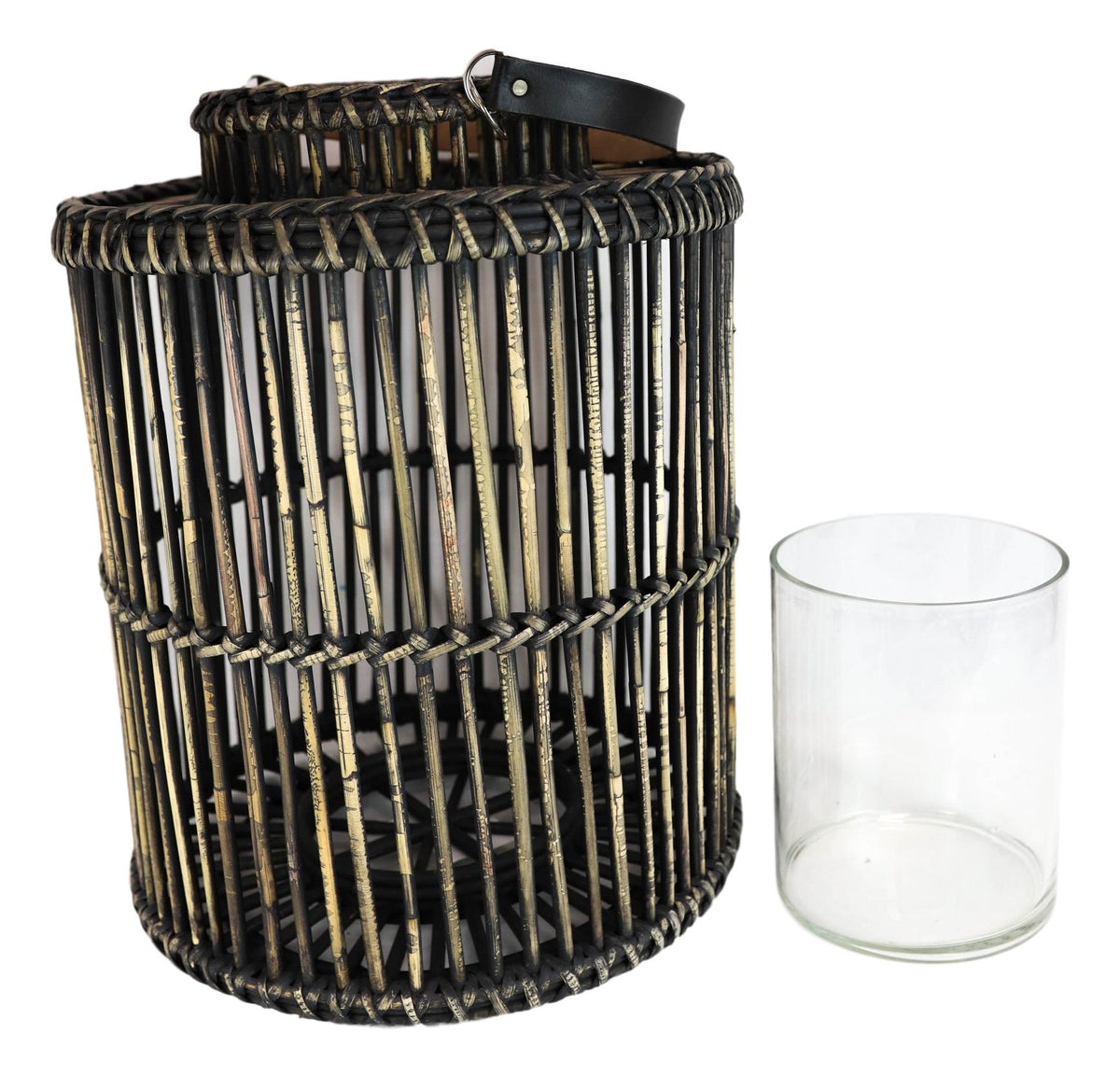 20"H Rustic Western Farmhouse Dark Rattan Wood Candle Holder Lantern With Hanger