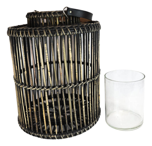 20"H Rustic Western Farmhouse Dark Rattan Wood Candle Holder Lantern With Hanger