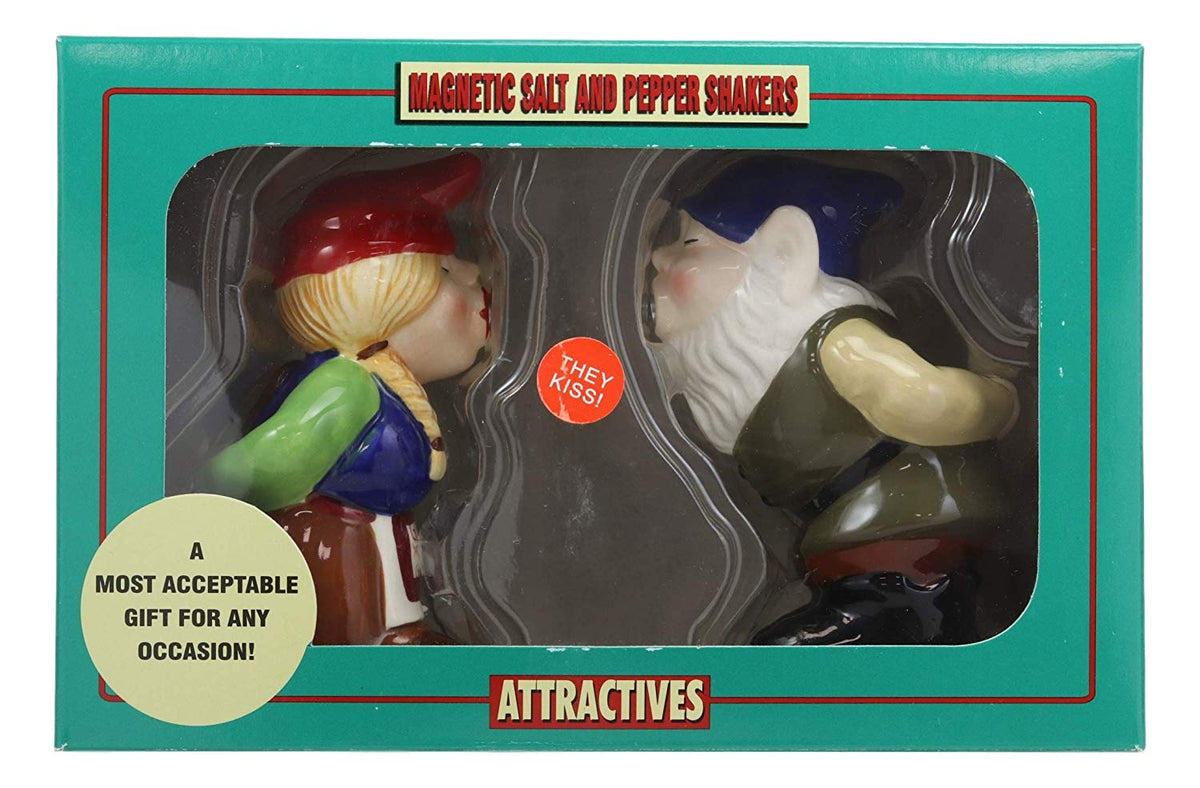 Kissing Mr & Mrs Gnome Couple Magnetic Salt Pepper Shakers Ceramic Figurine Set - Ebros Gift