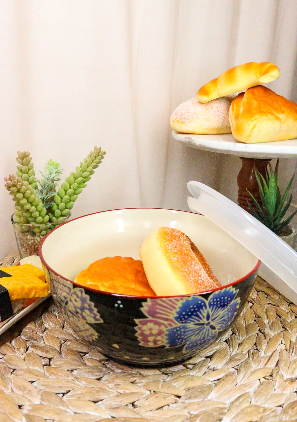 Ebros Set of 2 Ceramic Midnight Floral Blossoms Portion Meal Bowls 3 Cups Airtight Lid