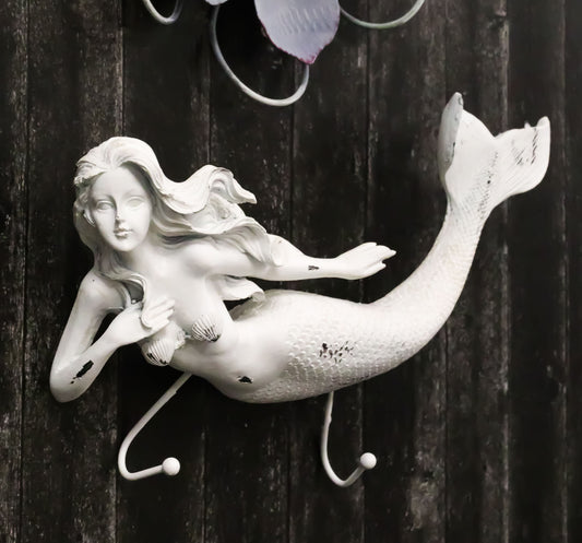 Rustic White Stone Finish Nautical Ocean Siren Mermaid 2 Prong Wall Hook Decor