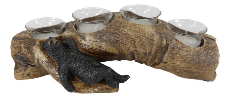 Ebros Rustic Black Bear Sleeping On Log With 4 Votive Candles Holder Figurine 12"Long