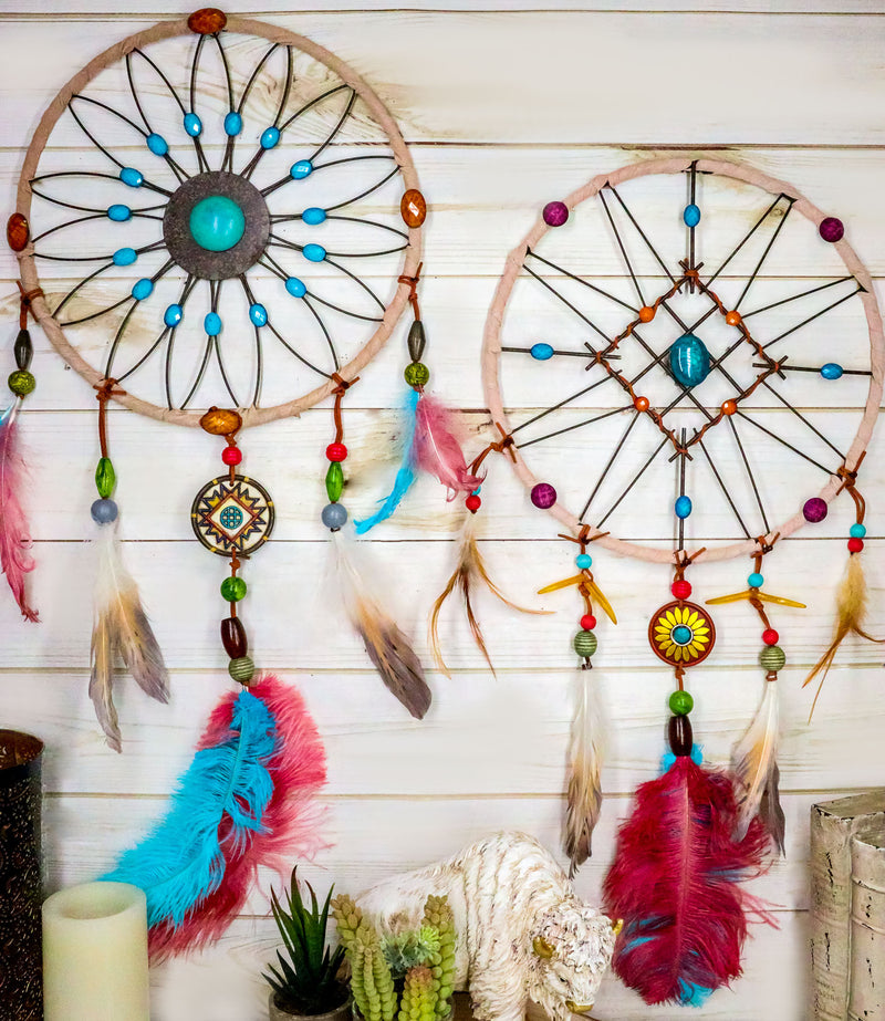 Set Of 2 Southwestern Tribal Indian Boho Chic Floral Feather Wall Dreamcatchers