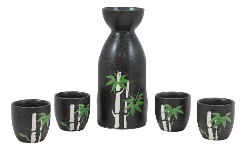 Ebros Gift Traditional Ceremony Porcelain Pottery Green Bamboo Silhouette Design Japanese Rice Wine Sake 5 Piece Set Of 1 Black Tokkuri Serving Flask 10oz With 4 Ochoko Cups 2oz