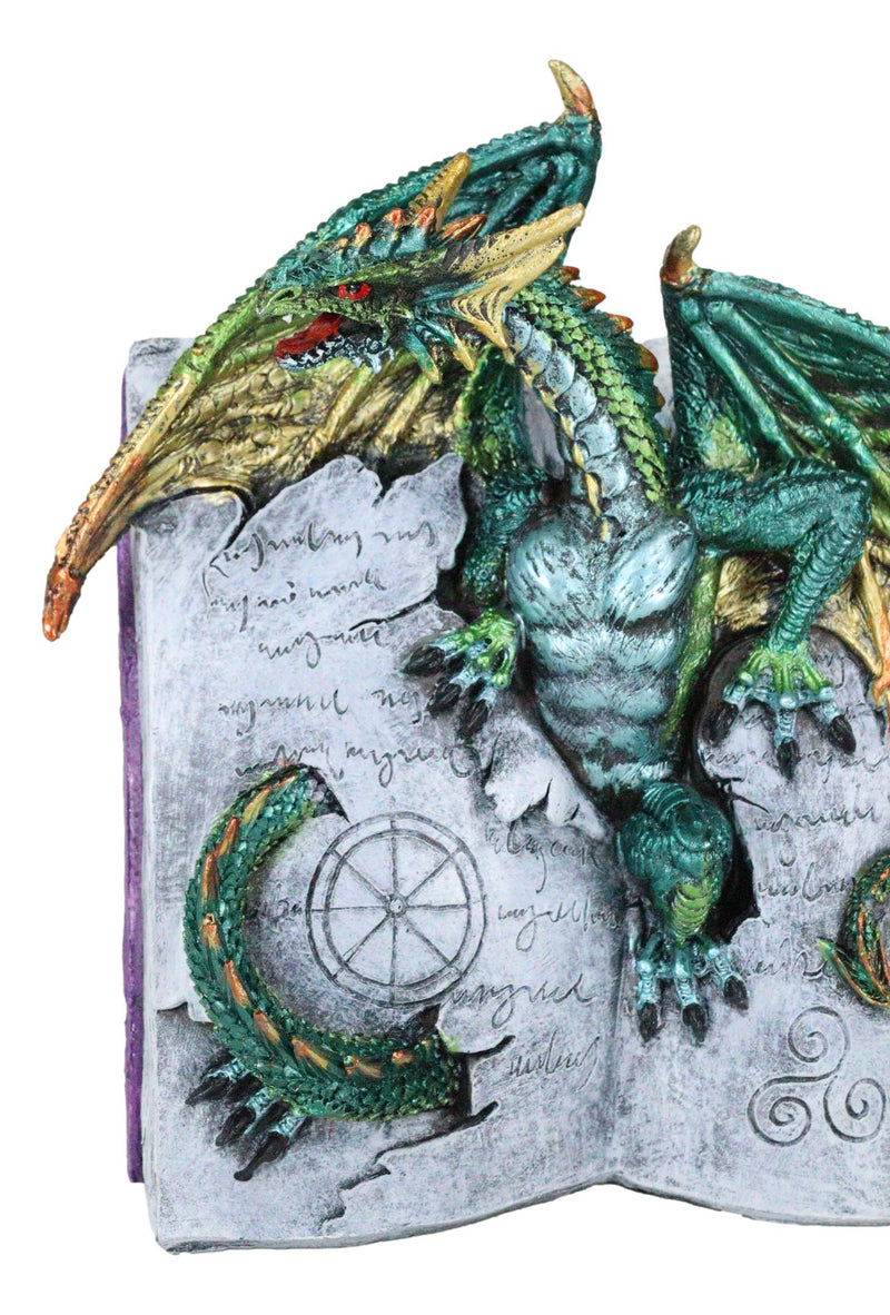 Guardian Of Bibliography Gold Green Dragon Emerging Out Of Spell Book Figurine