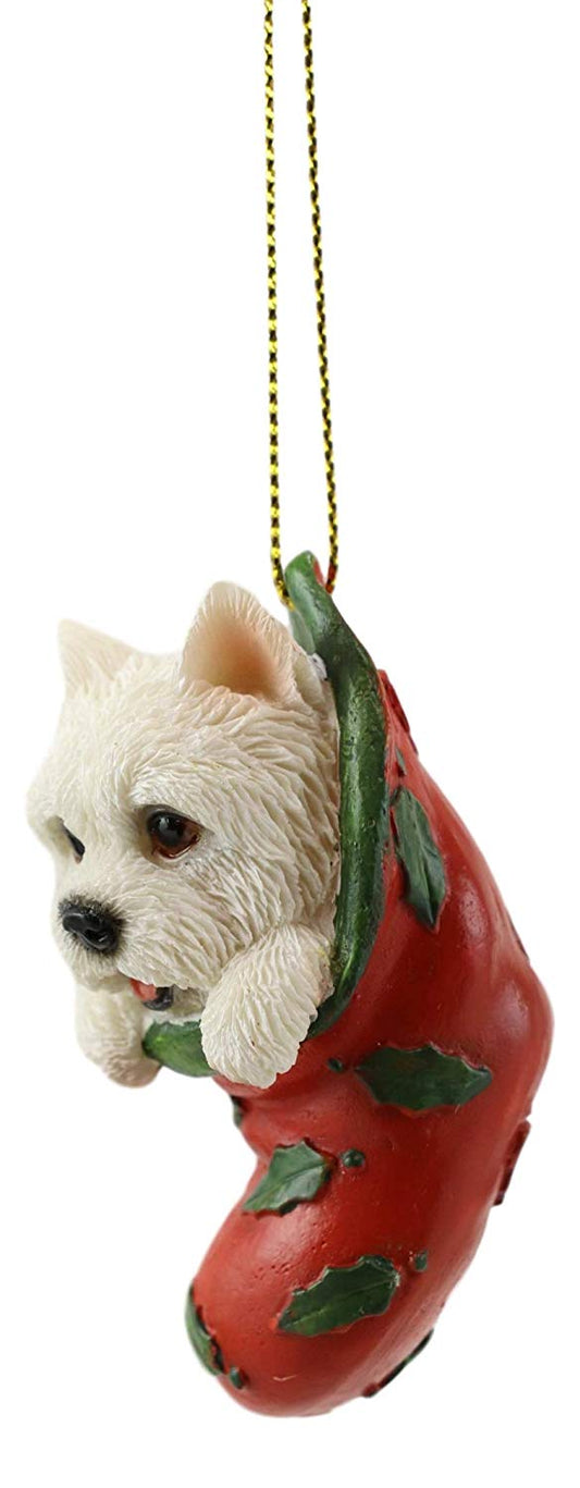 Ebros Lifelike White Westie in The Sock Small Hanging Ornament Figurine with Glass Eyes Adorable West Highland Terrier Holiday Festive Season Decor for Christmas Trees Animal Pet Collectible