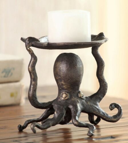 Nautical Ocean Reef Kraken Octopus With Sea Shell Pillar Candleholder Figurine - Ebros Gift