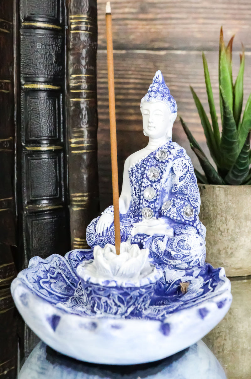 Ebros Gift Bhumisparsha Mudra Buddha Amitabha Meditating by Padma Lotus Flower Incense Holder Burner Figurine in Terracotta Blue and White 4.25" High Buddhist Eastern Enlightenment Feng Shui Decor