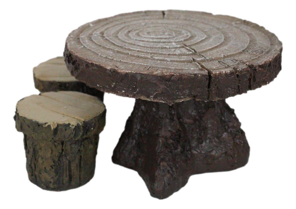 Enchanted Fairy Garden Miniature Tree Stump Table And 2 Stool Chairs Statues - Ebros Gift