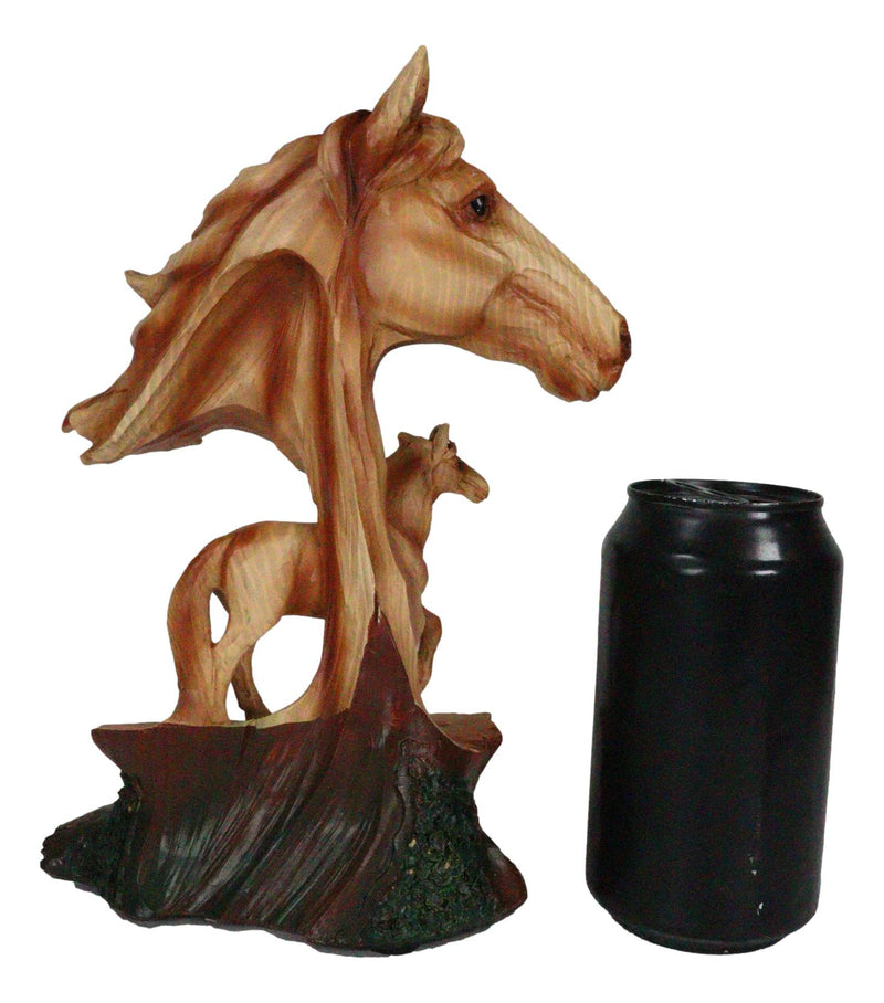 Rustic Western Stallion Horse Bust With Mustang Sculpture In Faux Wood Finish