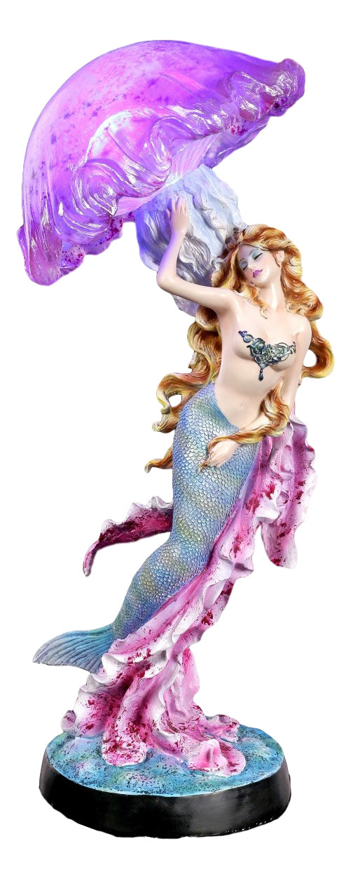 Large 17.25"H Mermaid With Pink Jellyfish Statue With Colorful LED Light