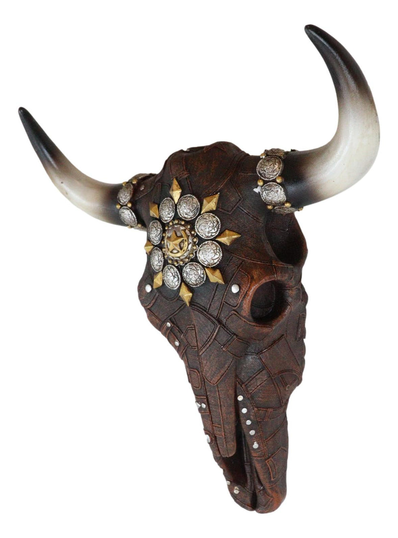 Western Faux Patched Denim Steer Cow Skull With Star And Conchos Wall Decor