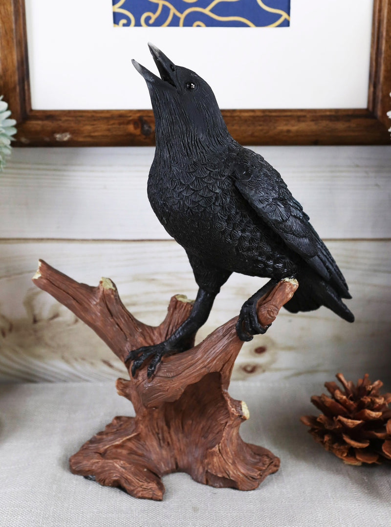 Ebros Crowing Raven Perched On Tree Branch 8.25" Tall Scavenger Bird Figurine