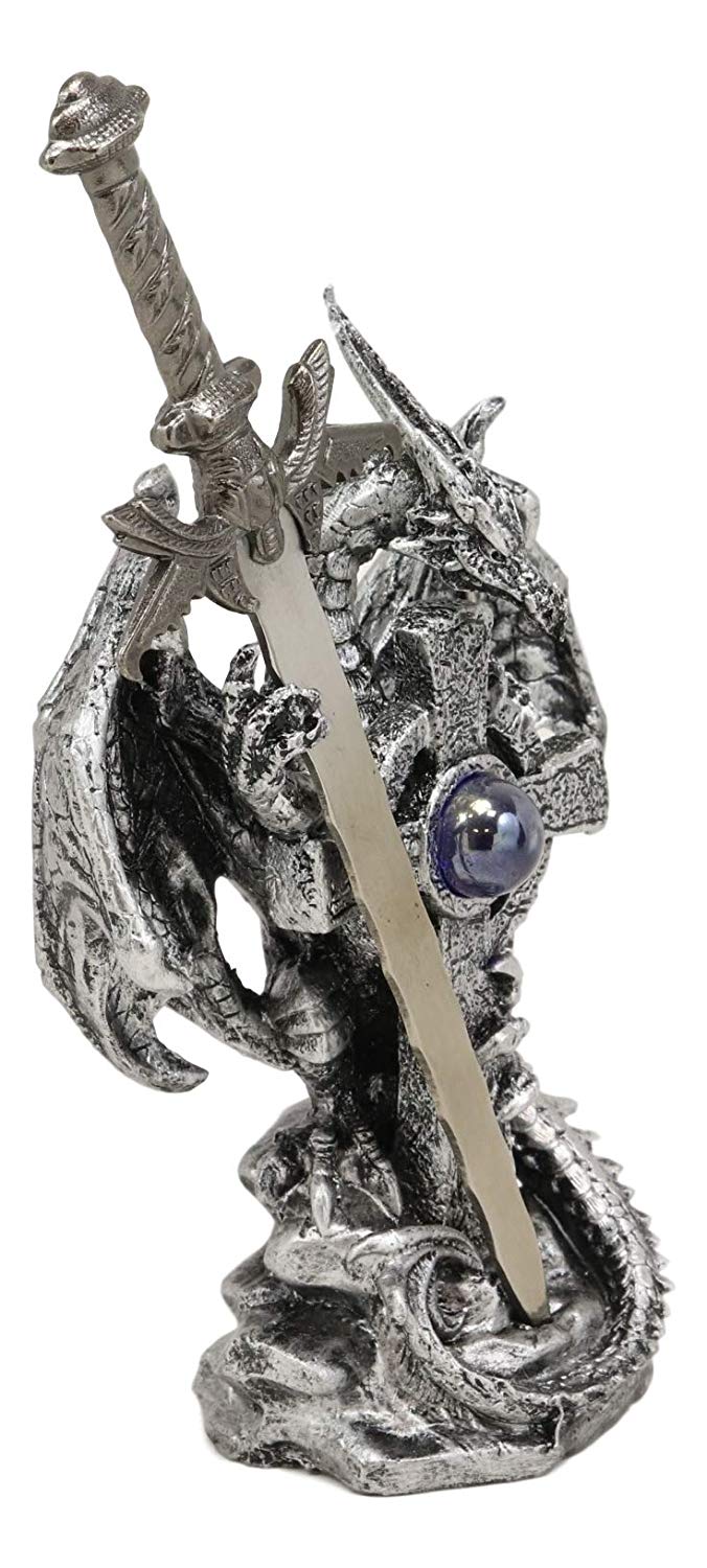Ebros Gift Legendary Silver Dragon Guardian of The Celtic High Cross Letter Opener Figurine Sculpture Home and Office Decorative Sculpture Medieval Renaissance Dungeons and Dragons Fantasy - Ebros Gift