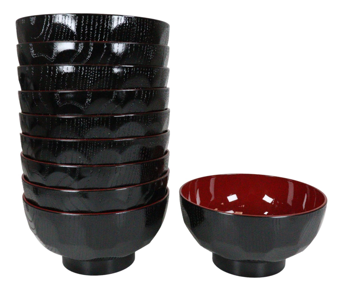 Ebros Gift Made In Japan Traditional Small Black Red Lacquer Copolymer Plastic Bowl For Rice Salad Miso Soup 4.5"Dia 6oz Japanese Restaurant Supply Bowls Home Kitchen (Dotted Ridged Pattern, 6)