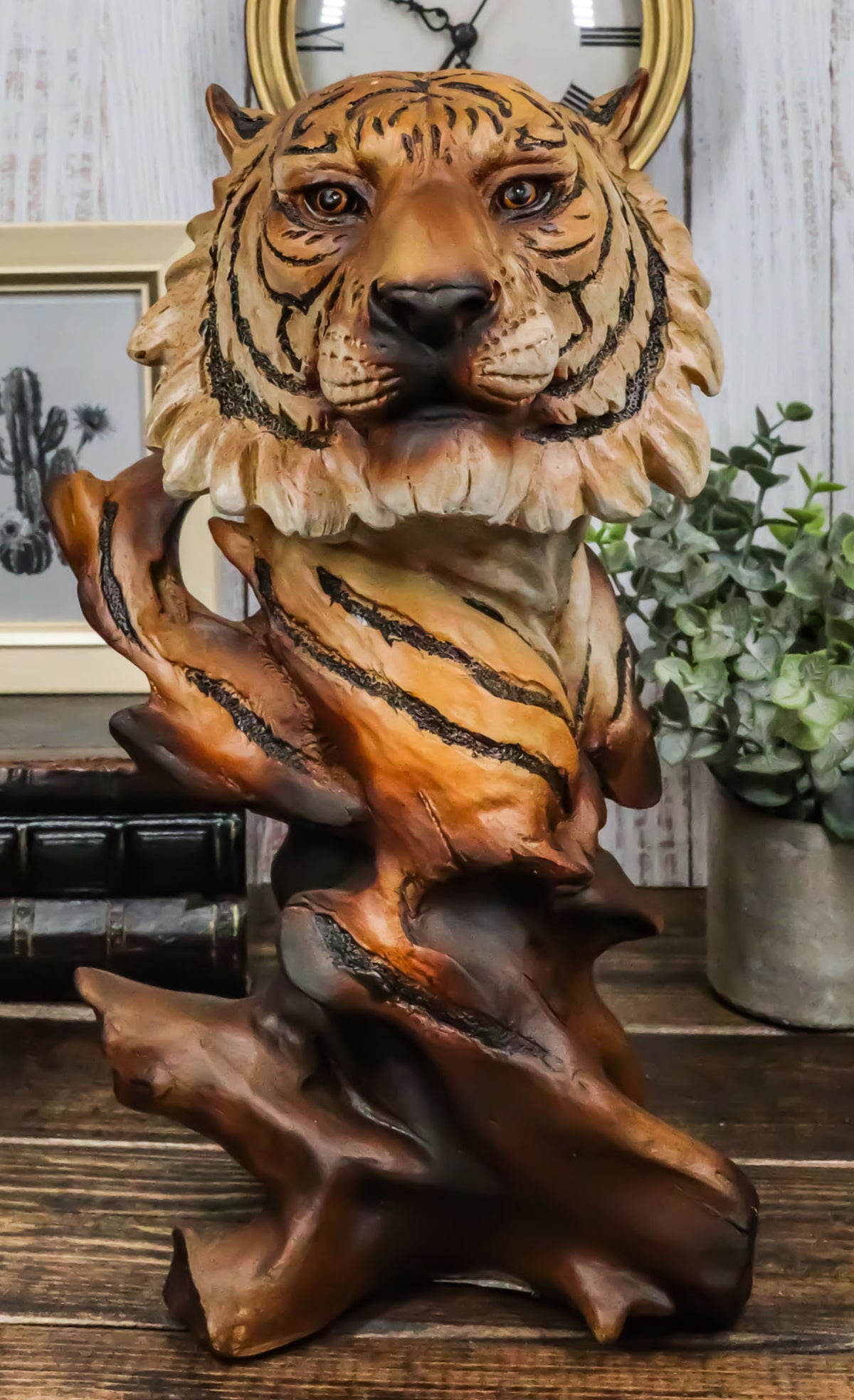 Faux Wood Large Exotic Jungle Wildlife Orange Bengal Tiger Bust Statue 11"Tall - Ebros Gift