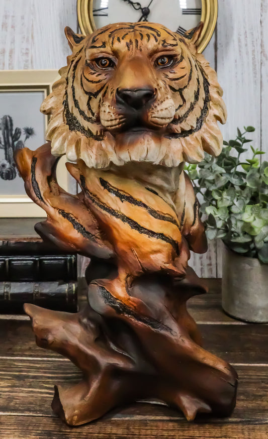 Faux Wood Large Exotic Jungle Wildlife Orange Bengal Tiger Bust Statue 11"Tall - Ebros Gift