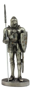 Ebros Armored Guard Halberdier Knight with Pole Spear and Shield Statue Electroplated Silver Resin Suit of Armor Pikeman Medieval Renaissance Decor Figurine - Ebros Gift