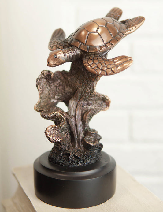 Ebros Sea Turtle Swimming By Corals Starfish Electroplated Bronze Resin Statue - Ebros Gift