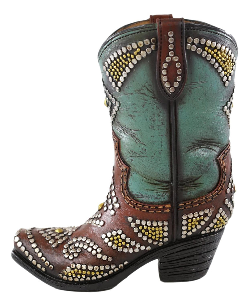 Rustic Western Cowboy Cowgirl Silver Beads Turquoise Boot Flower Vase Decor 7"H