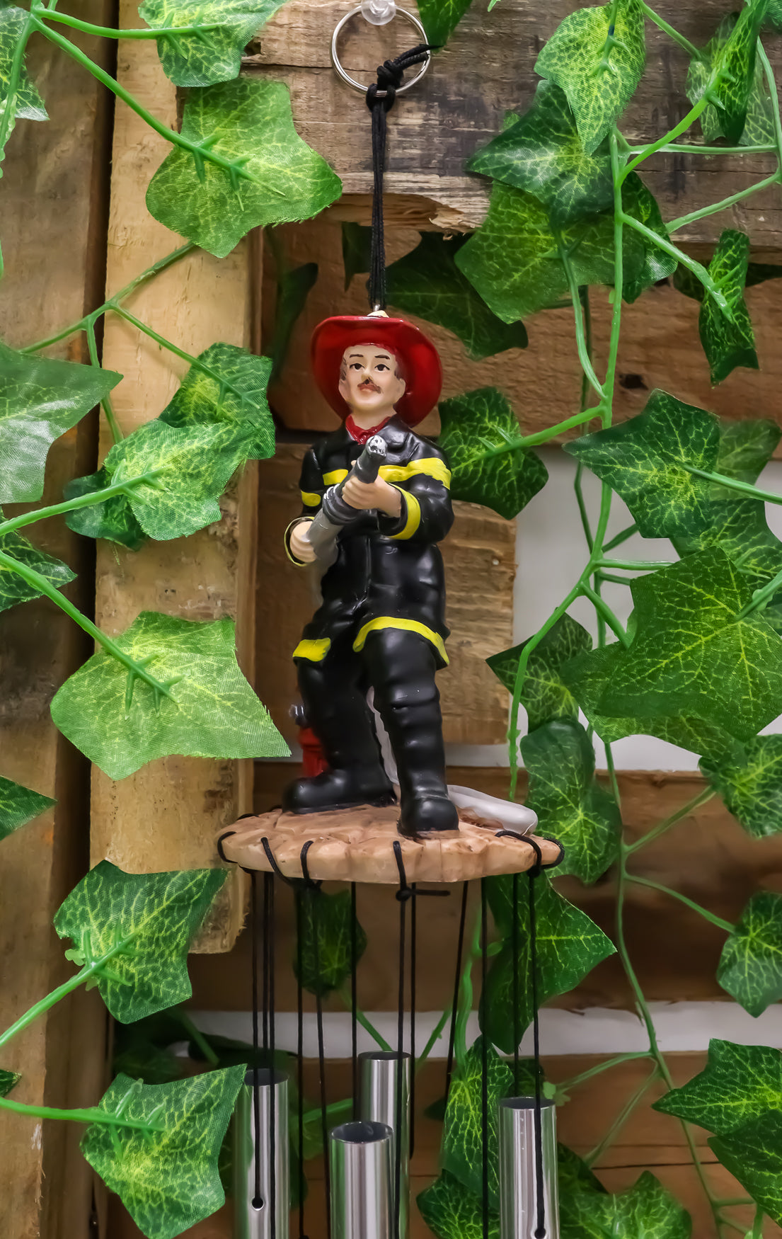 In Line of Duty Fireman With Fire Hose By Red Hydrant Wind Chime Garden Decor - Ebros Gift