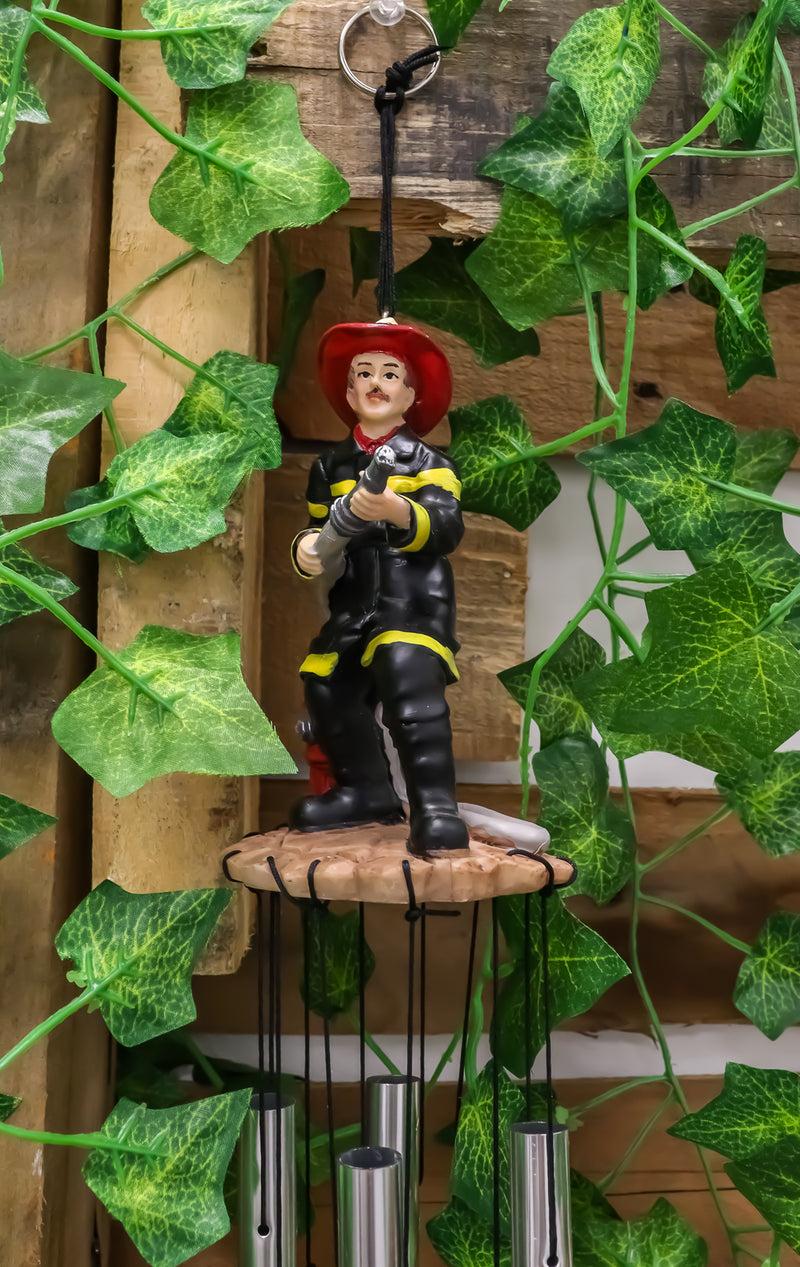 In Line of Duty Fireman With Fire Hose By Red Hydrant Wind Chime Garden Decor