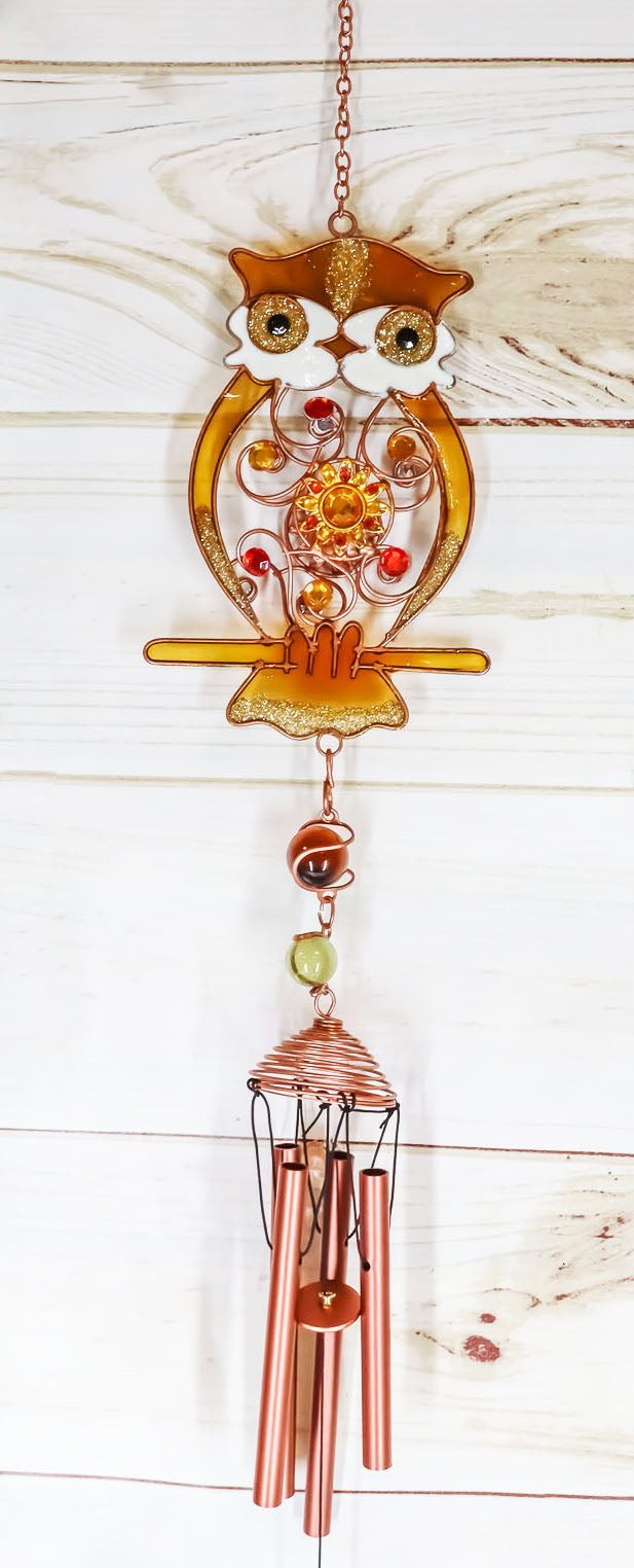 Ebros Whimsical Hoot Owl Resonant Relaxing Copper Wind Chime Garden Patio