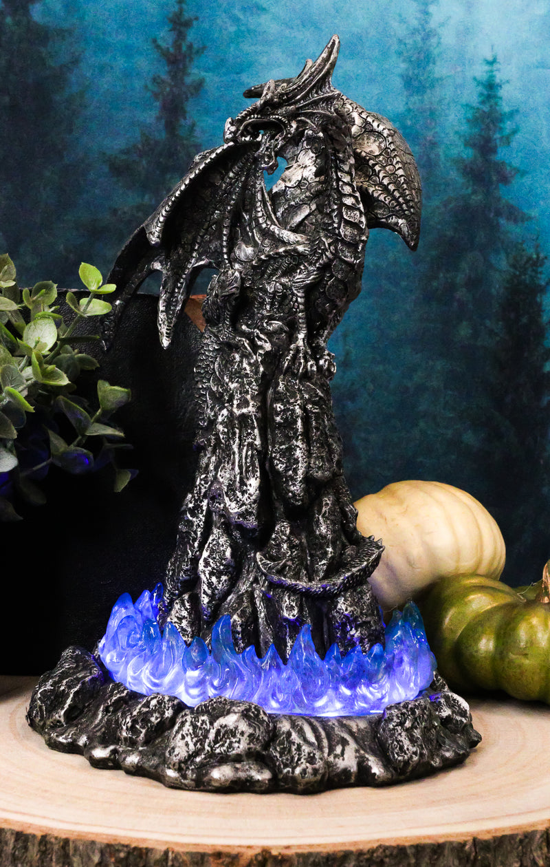 Ebros 10"H Volcano Blue Magma Dragon On Rock Tower Figurine with LED Night Light - Ebros Gift