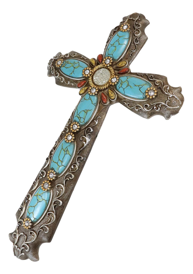 18"H Rustic Western Scroll Lace Wall Cross With Crystals & Turquoise Gemstones