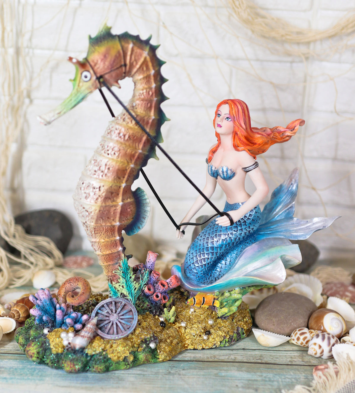 Ebros Nouveau Nautical Ocean Mermaid On Clam Riding Seahorse Chariot Statue 10"H - Ebros Gift
