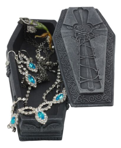 Gothic Gargoyle With Twisted Rose Vine Cross Coffin Jewelry Box Figurine 6"Long