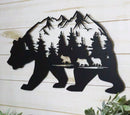 Rustic Scenic Black Bear With Cubs Pine Forest Mountains Wall Metal Cutout Decor